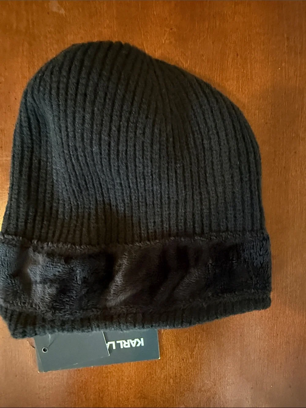 Karl Lagerfeld Black Ribbed Pom Pom Beanie with Icon Patch